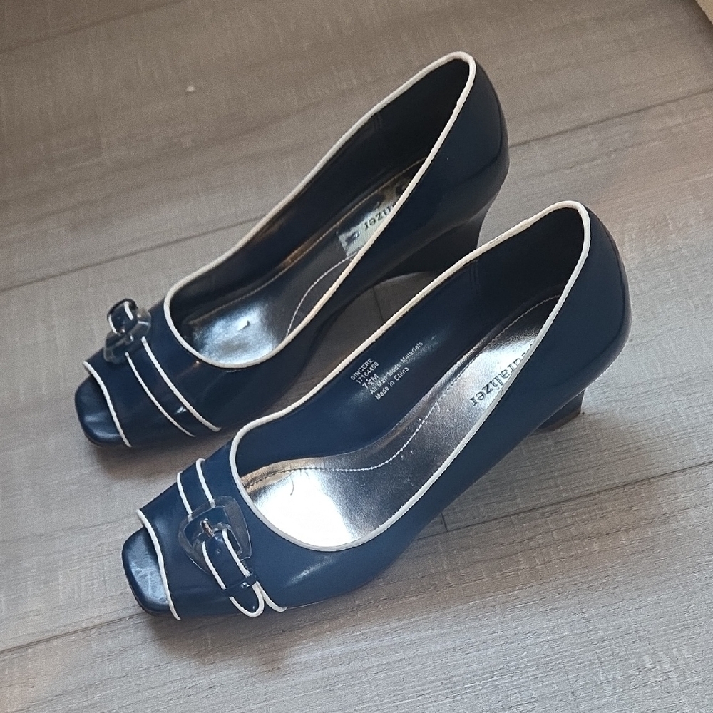 Classic Navy Peep-Toe Wedges with White Trim